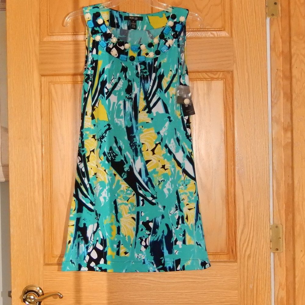 NEW Style & Co. Dress Embellished Beaded Neckline Knit Abstract Petite P XS